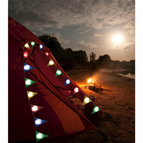 Red fabric light-up triangle bunting with multicolor LED bulbs
