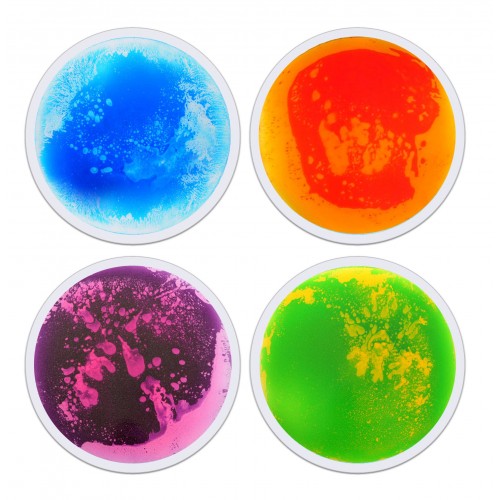 Set of 4 round liquid floor tiles, 50 cm, four colorful resin swirl designs
