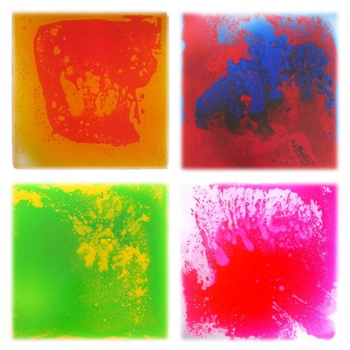Set of four square floor tiles, liquid marbled swirls in orange, blue, green, and pink