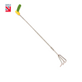Long-handled cultivator with yellow ergonomic grip and two metal tine forks
