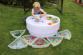 White sorting bowl and open side trays filled with colorful bead pieces