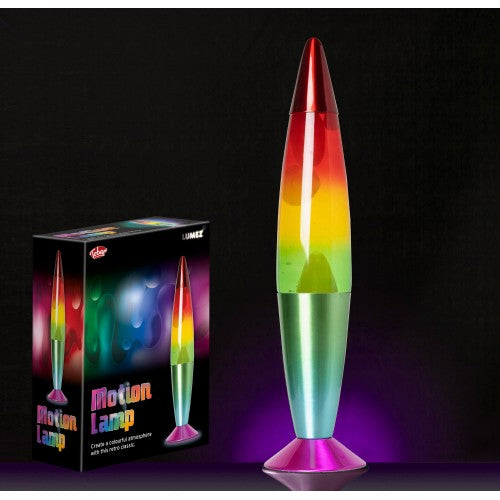 Lumez motion lava lamp with rainbow glowing liquid and blue-green base