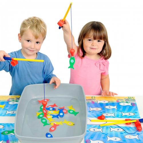 Magnetic alphabet fishing toy set with colorful fish and magnetic fishing rods