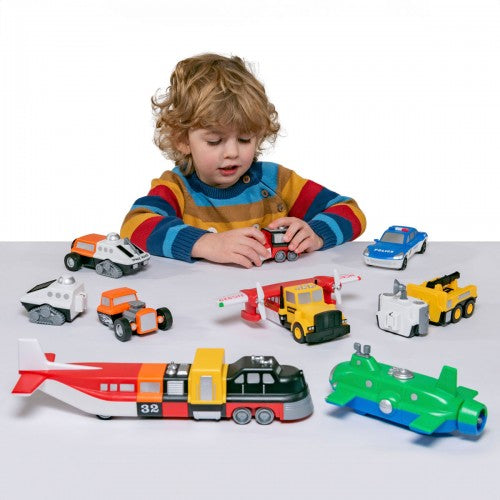 Magnetic vehicle set with multiple colorful toy cars and trucks, assorted designs