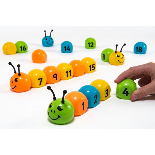 Magnetic number bugs set, colorful snail-style magnets with digits 1-18 and hand placing a 4