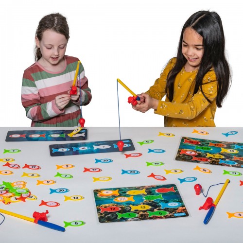 Magnetic number fishing game set with rods, fish tiles numbered 1–20