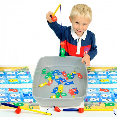 Magnetic number fishing game with tray, colorful fish magnets, and fishing rods
