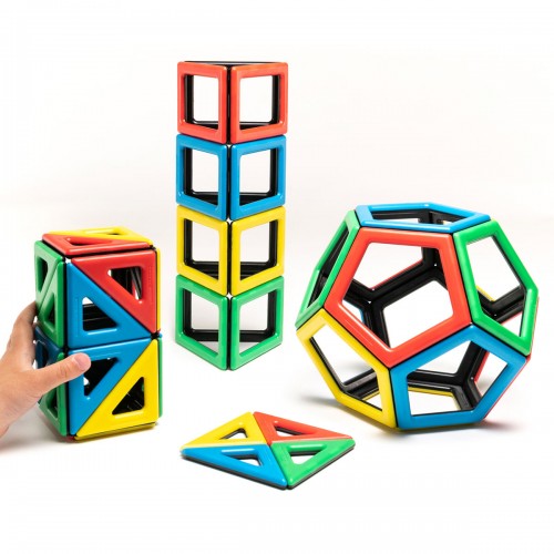 Magnetic geometry tile set with multicolor polygon shapes and stack of pieces