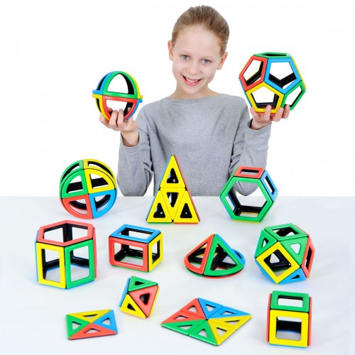 Colorful magnetic geometry set with interlocking polygon tiles and rings
