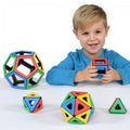 Magnetic polyhedron solids set with colorful interlocking geometric pieces