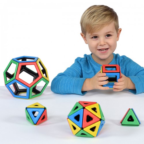 Magnetic polyhedron solids set with colorful interlocking geometric pieces