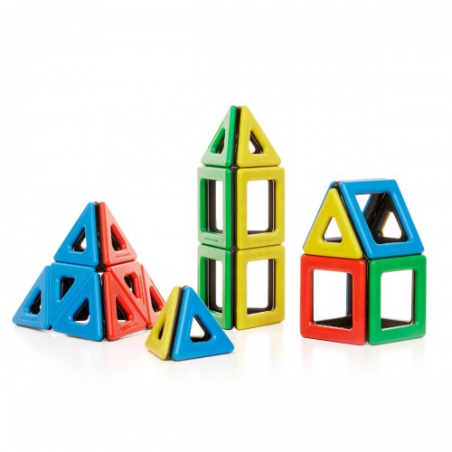 Magnetic Polydron style geometric blocks set with colorful triangular and square pieces