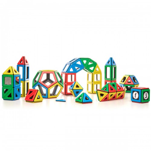 Magnetic Polydron building set with assorted colorful geometric magnetic tiles
