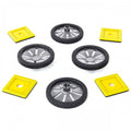 Magnetic Polydron wheel add-on set with black wheels and yellow magnetic plates