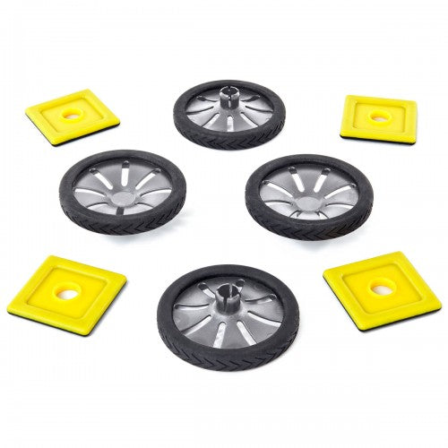 Magnetic Polydron wheel add-on set with black wheels and yellow magnetic plates