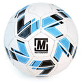Size 4 training football with white, blue, and black geometric panels and logo