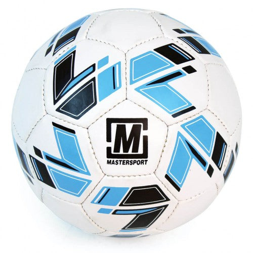 Size 4 training football with white, blue, and black geometric panels and logo