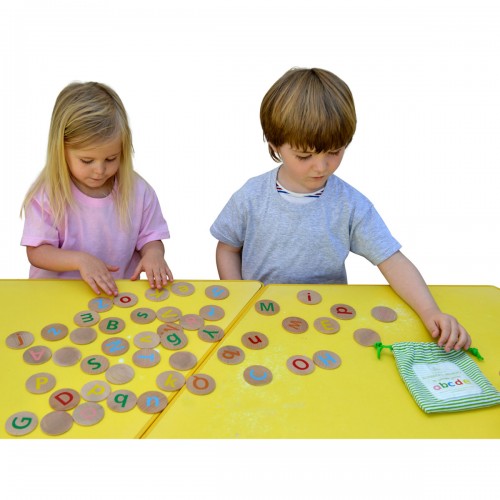 Alphabet wooden memory game with colorful letter tiles on board