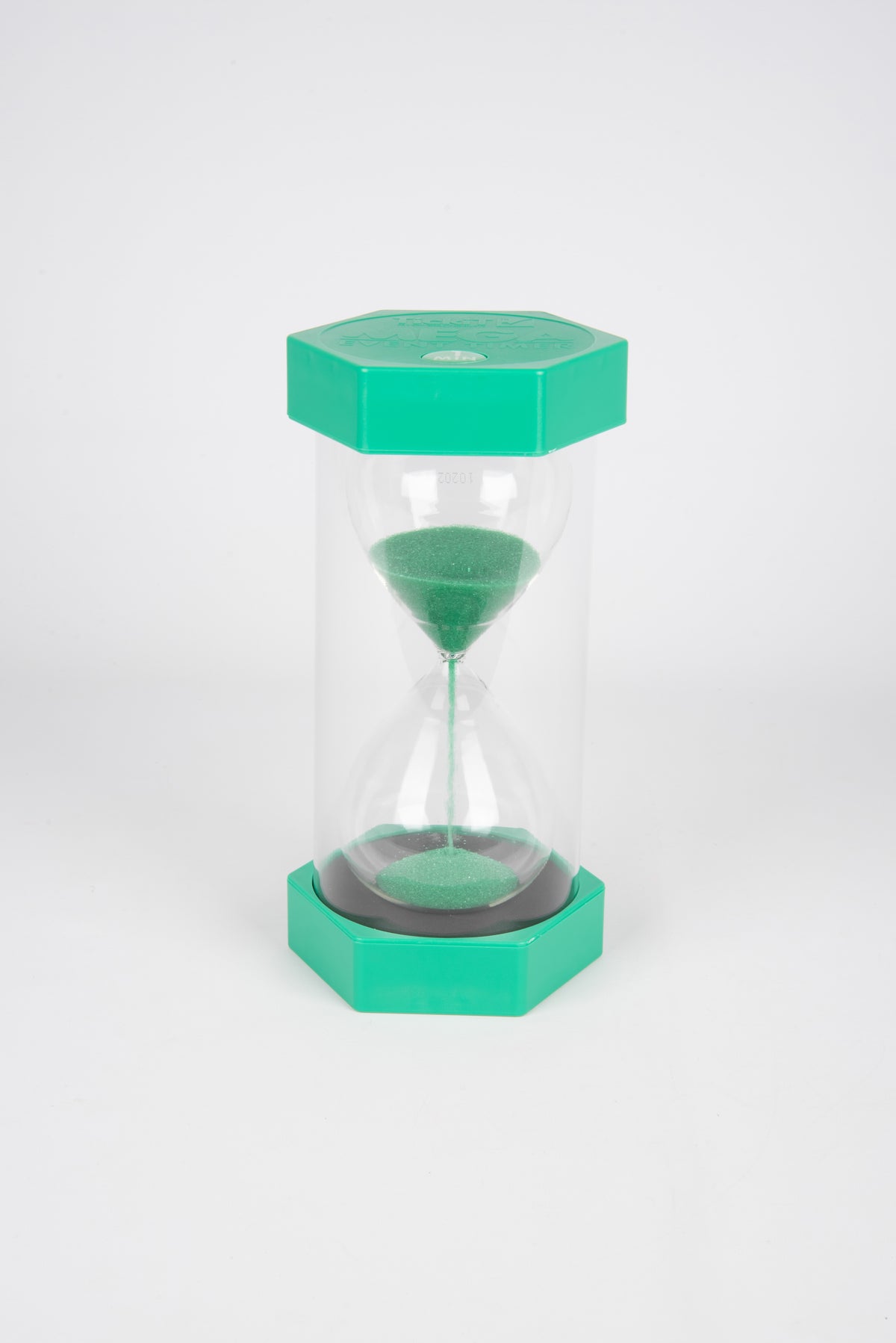 Green sand timer: clear hourglass cylinder with green sand and green top and base