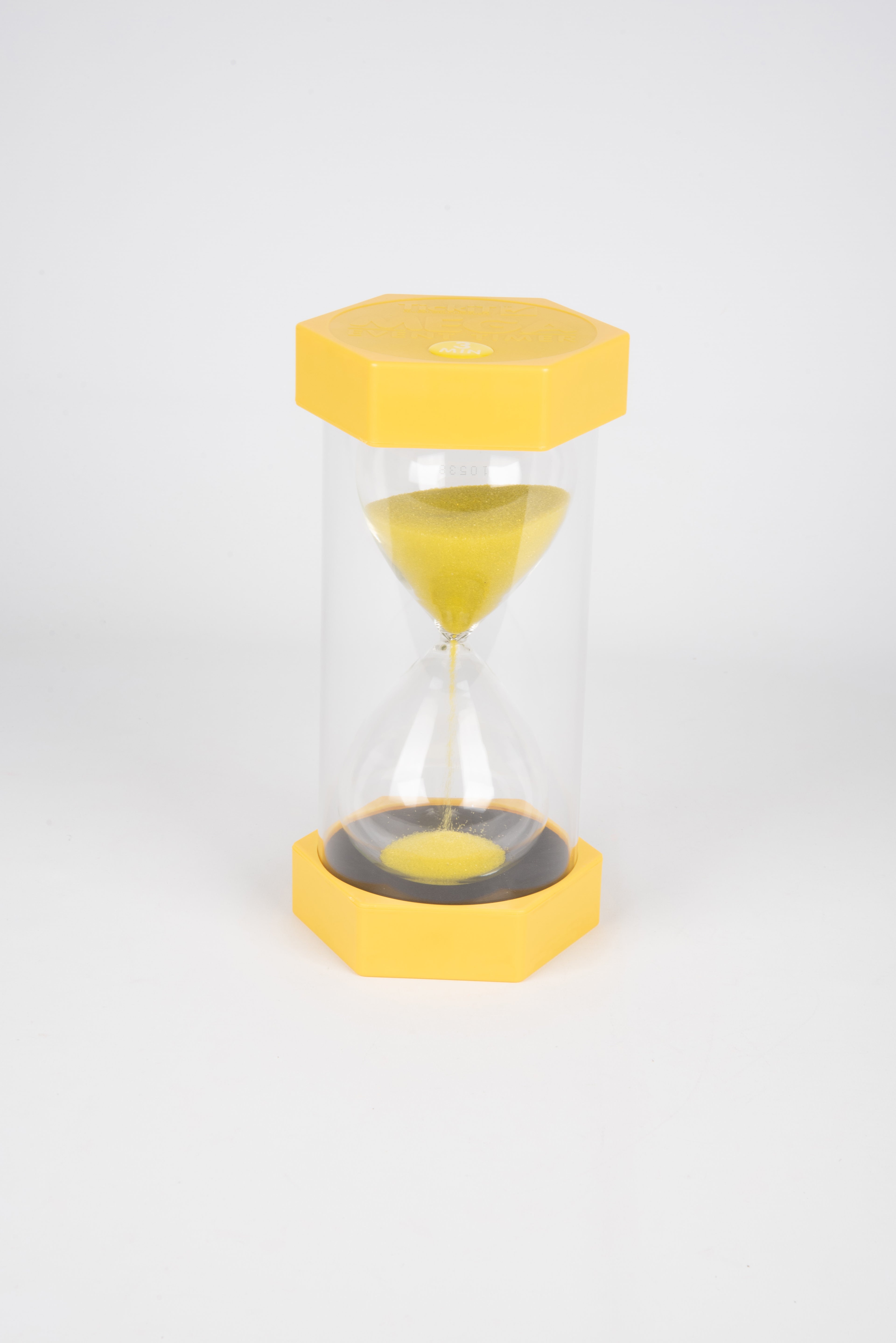 Yellow 3-minute sand timer with clear glass and yellow sand, standing on base
