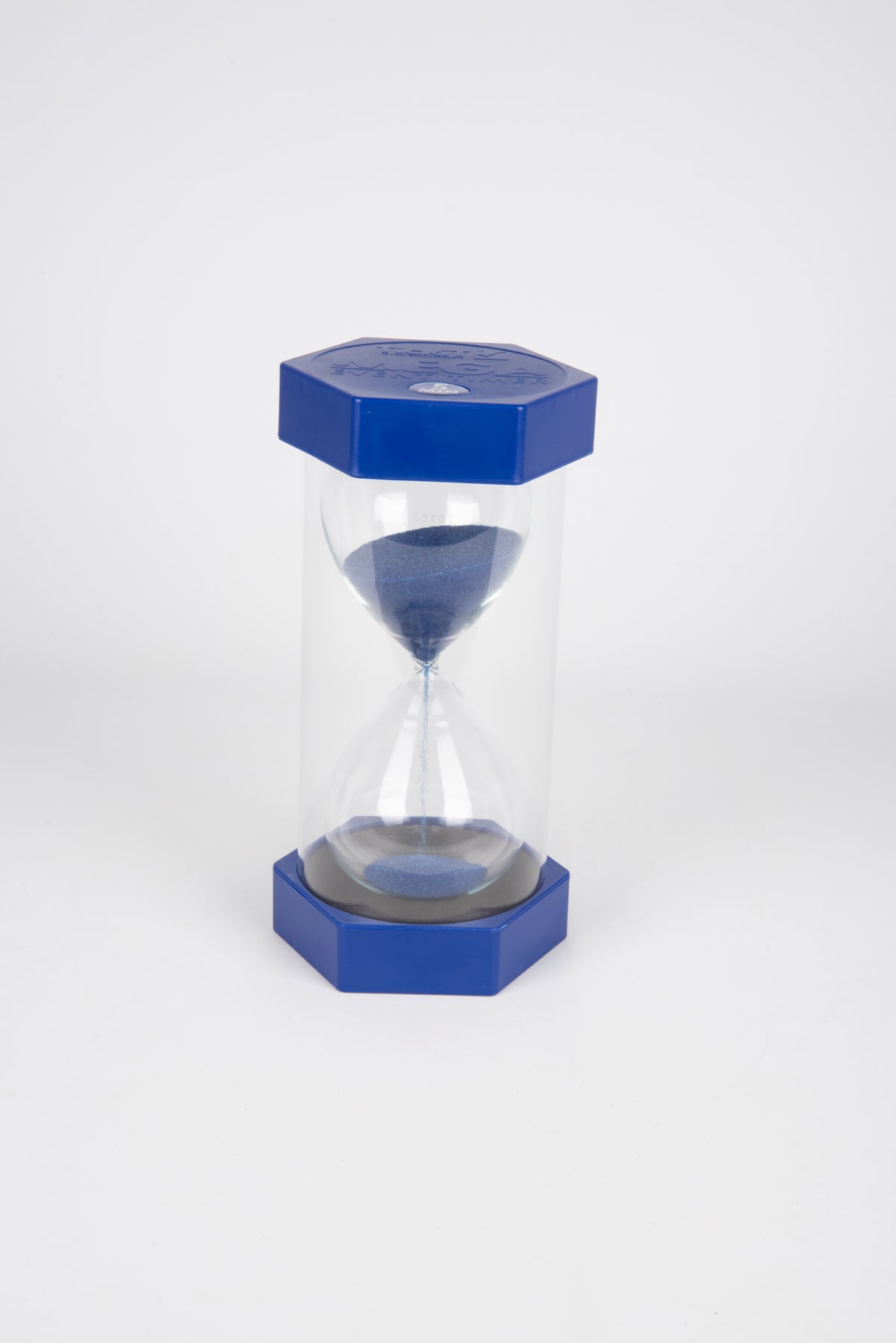 Blue 5-minute hourglass sand timer with clear chamber and blue top and base