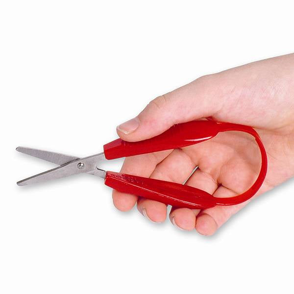 Red mini scissors with metal blades and finger-loop grip in hand