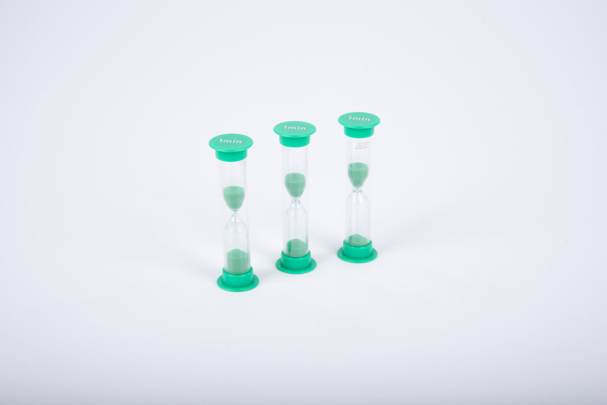 Mini 1-minute green sand timers, three clear hourglass timers with green caps