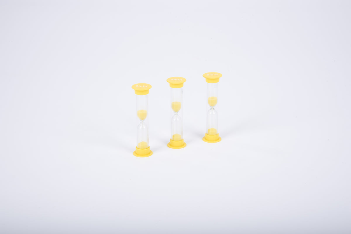 Mini sand timer set with yellow sand, small hourglasses with yellow caps