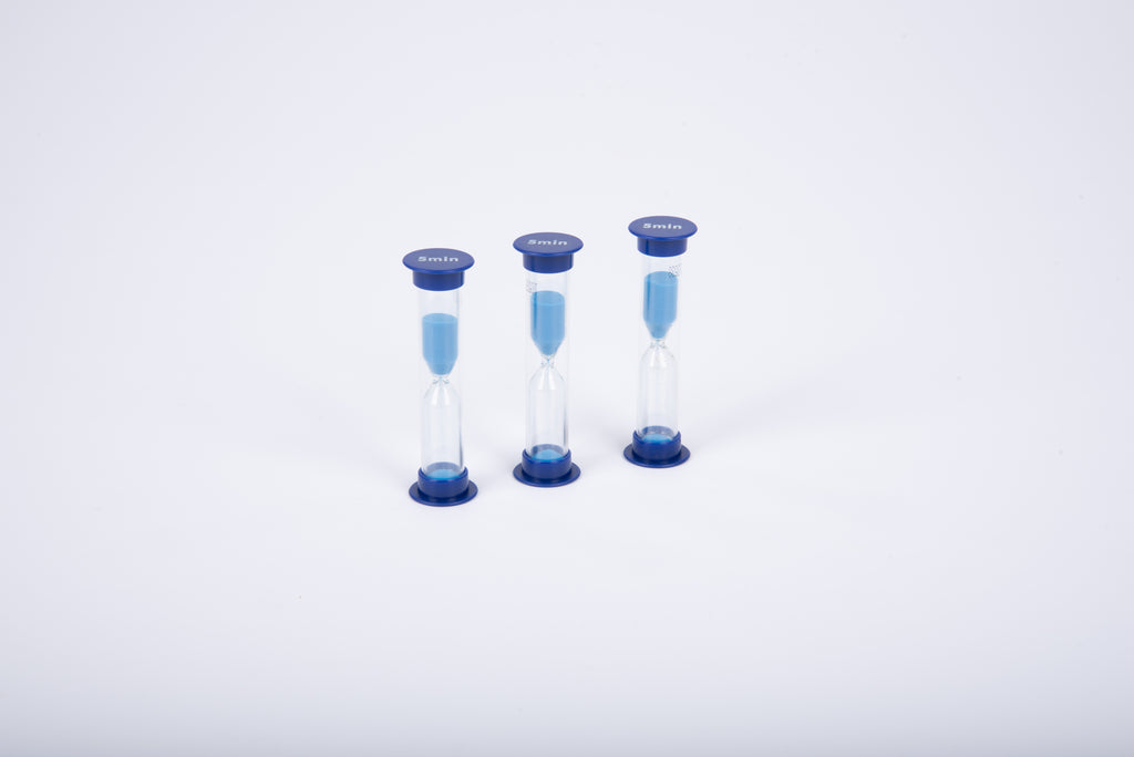 Mini sand timers, three blue-capped glass hourglasses with visible blue, yellow, and green sand