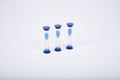 Mini sand timers, three blue-capped glass hourglasses with visible blue, yellow, and green sand