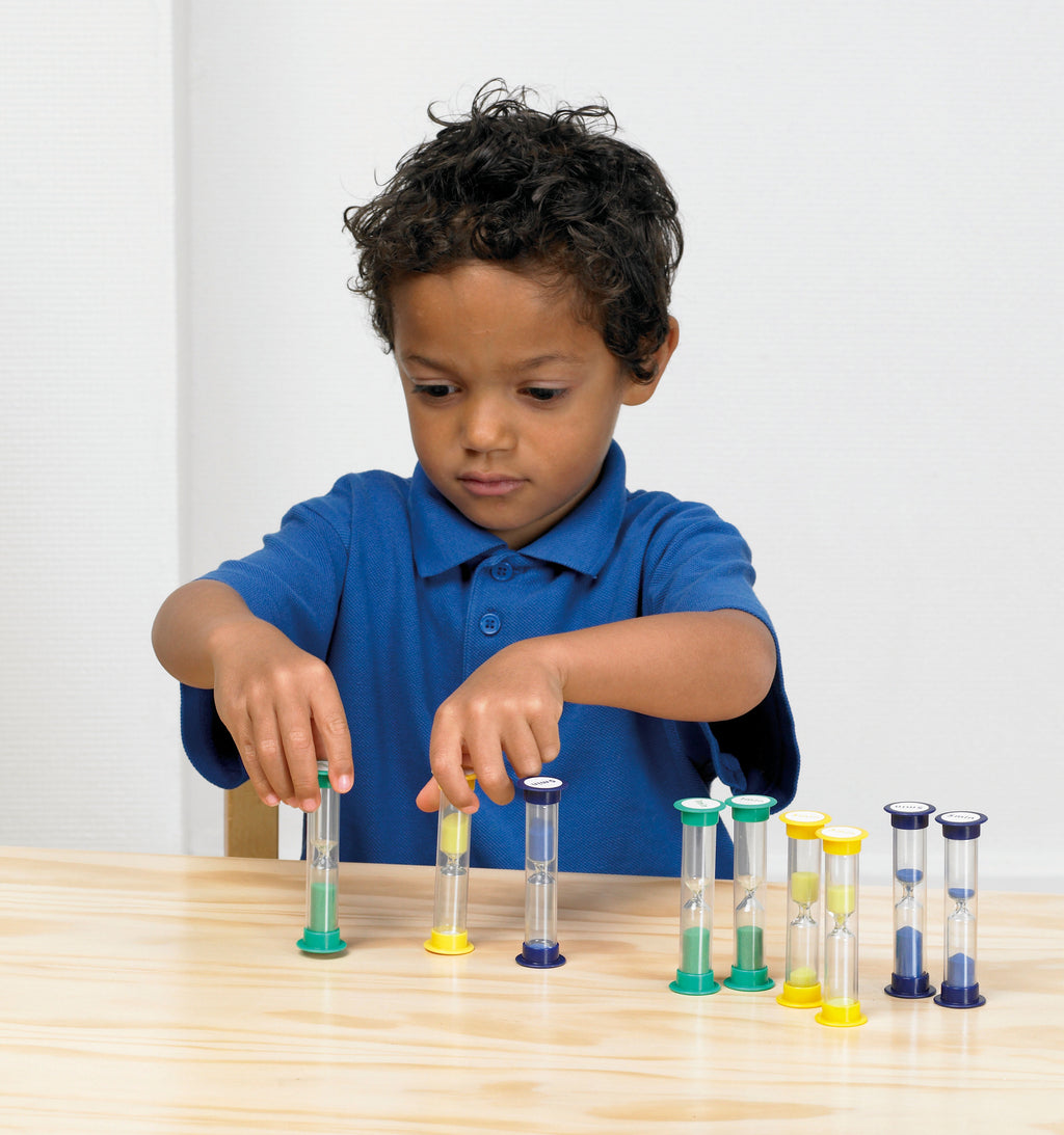 Mini sand timer set of 3 with green, yellow, and blue glass hourglasses