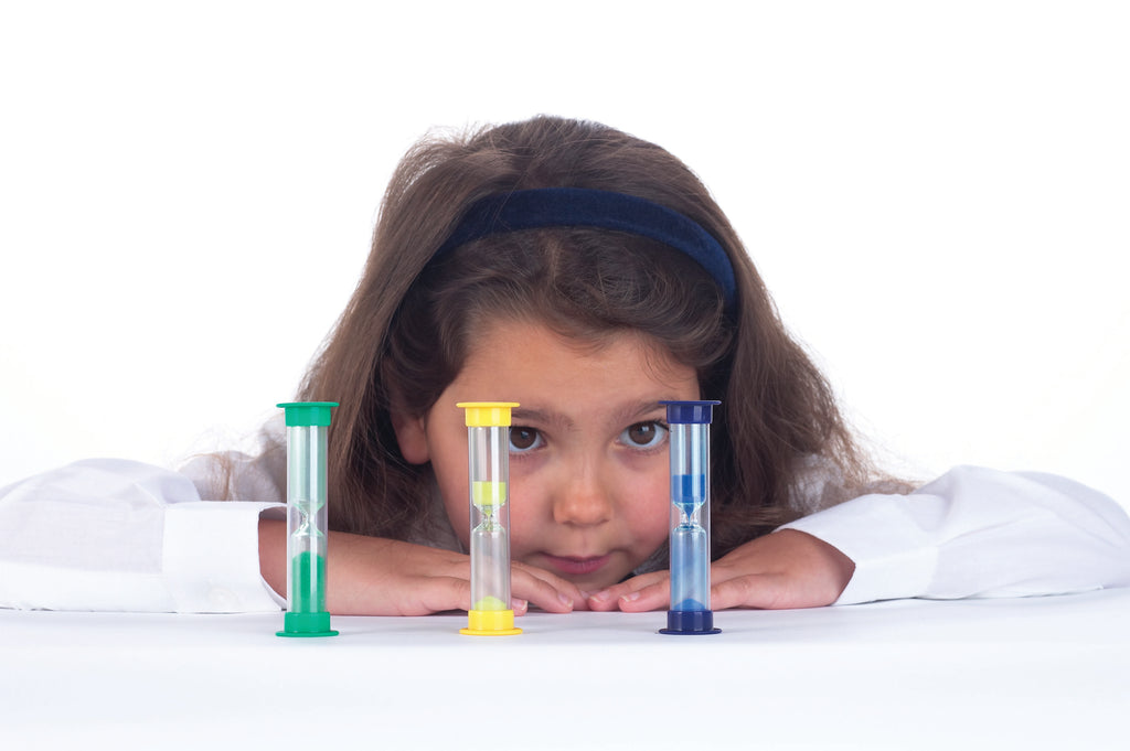 Mini sand timers: three small hourglasses in green, yellow, and blue