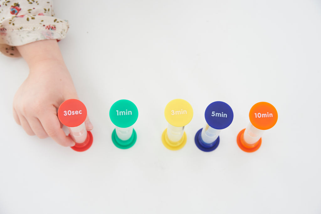 Mini sand timer set with five clear tubes and colored caps: 30 sec to 10 min