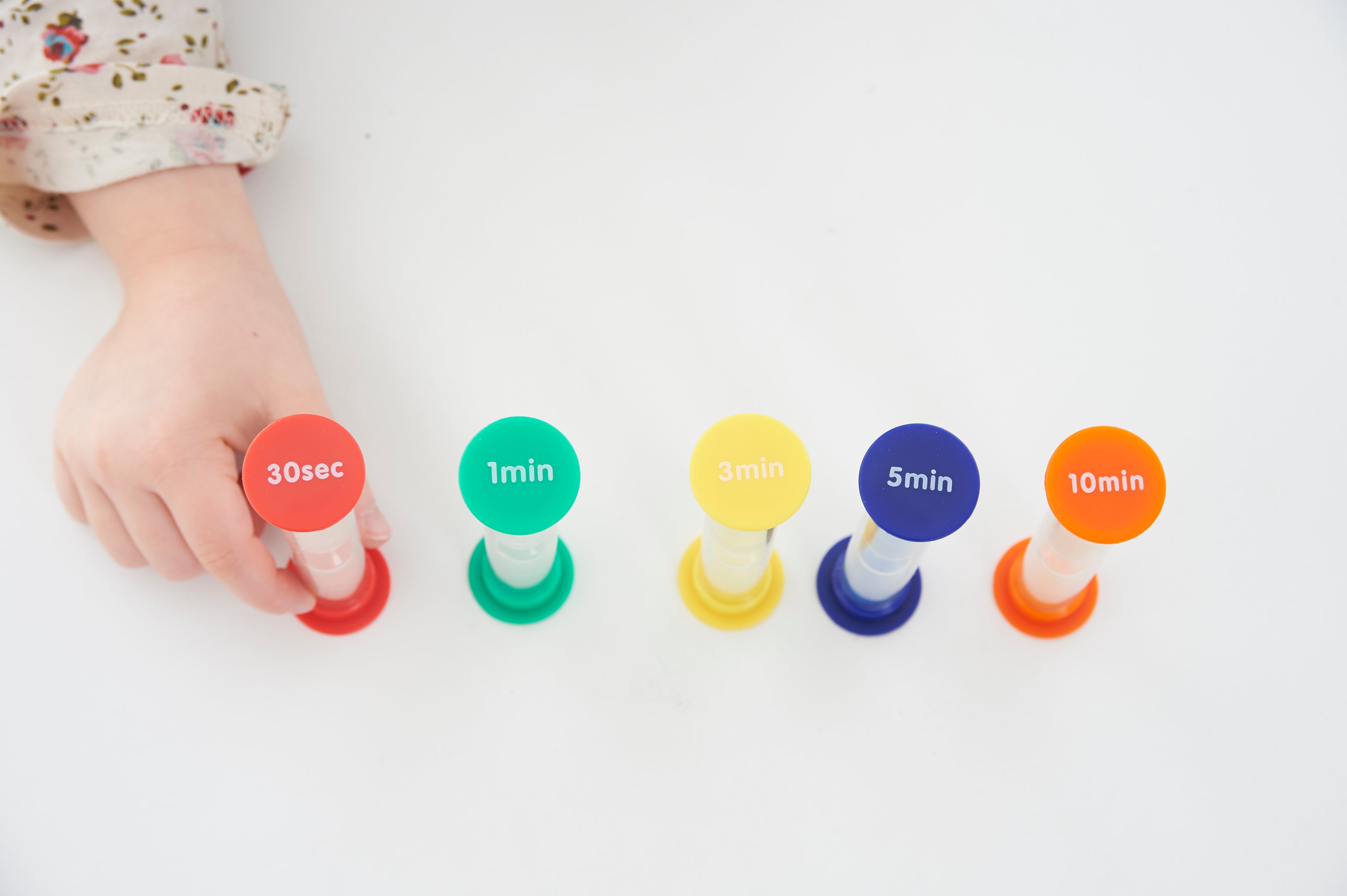 Mini sand timer set with five clear tubes and colored caps: 30 sec to 10 min
