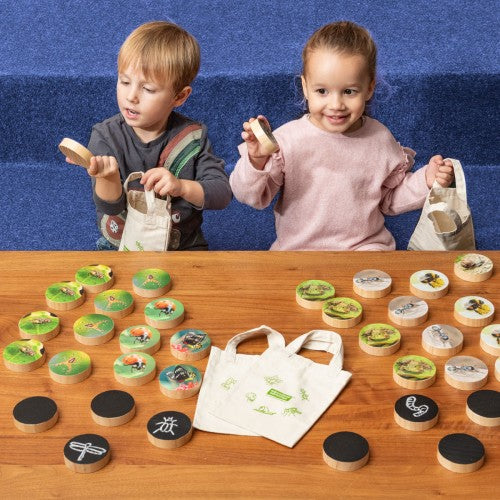 Minibeast treasure hunt set with canvas tote and circular insect tokens