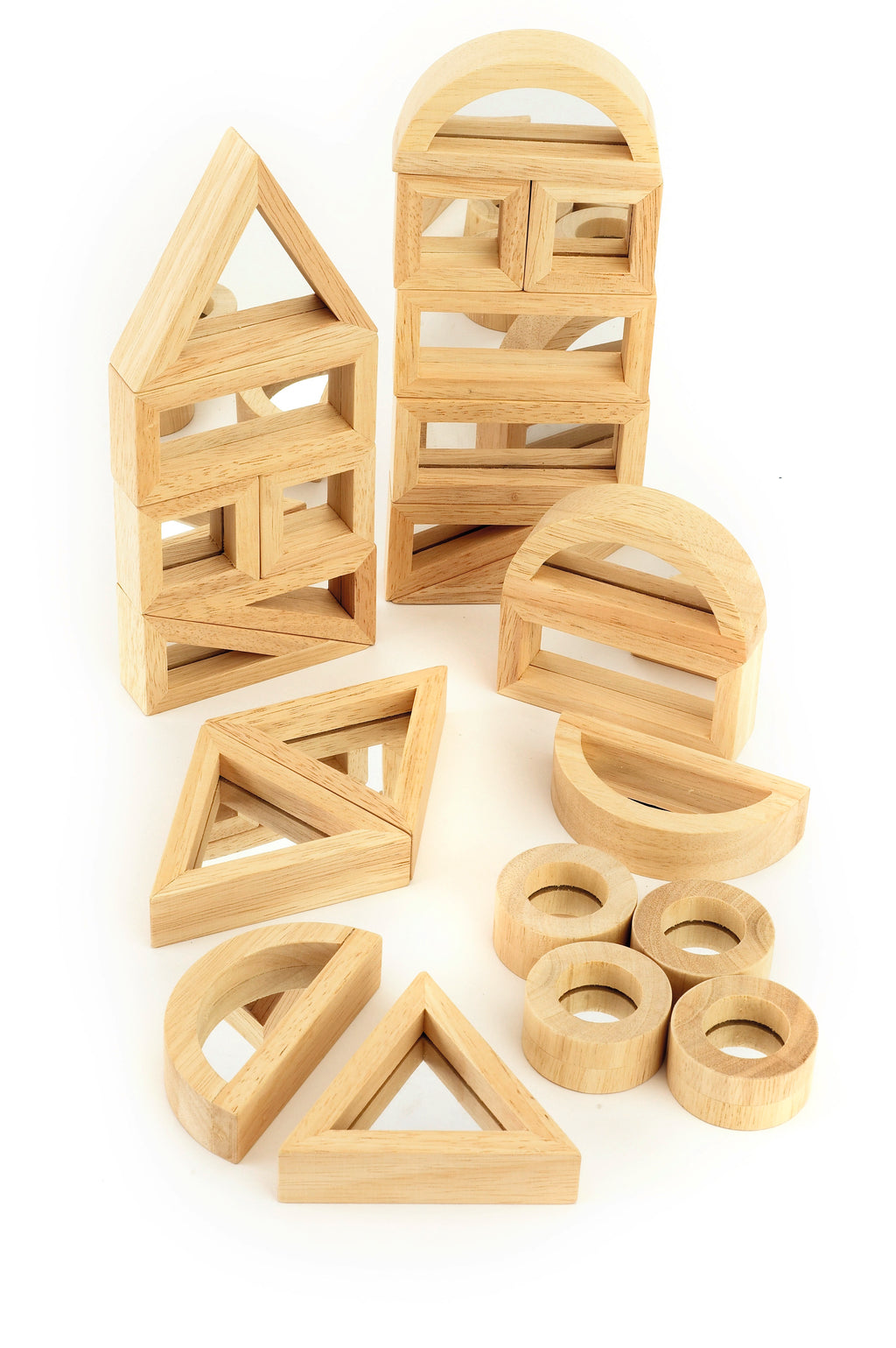 Assorted light wood block shapes, including houses, arches, and circular pieces