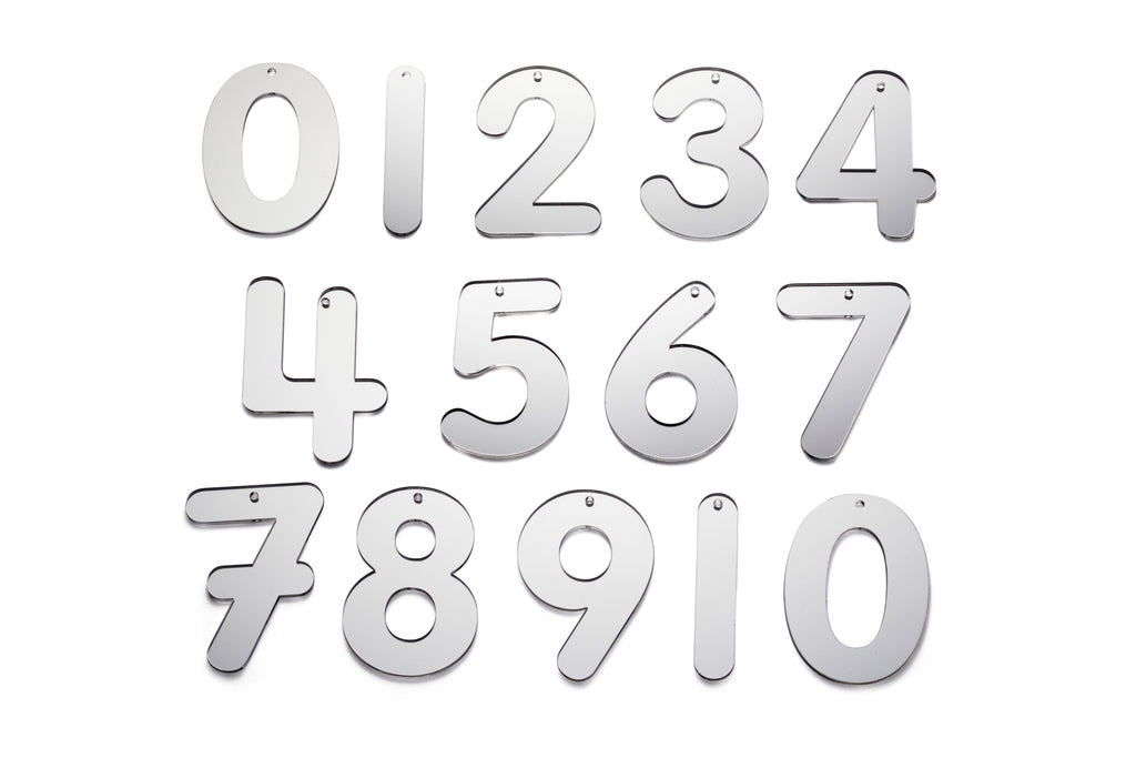 Chrome mirror number set featuring digits 0 to 9 with raised number characters