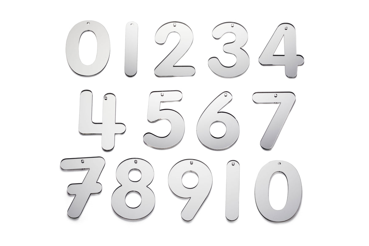 Chrome mirror number set featuring digits 0 to 9 with raised number characters