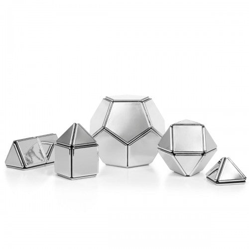 Mirrored magnetic polygon building blocks set, shiny silver hexagons and triangles
