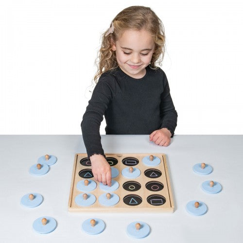 Children’s “Chalk and Match” board game with wooden board and blue token pieces