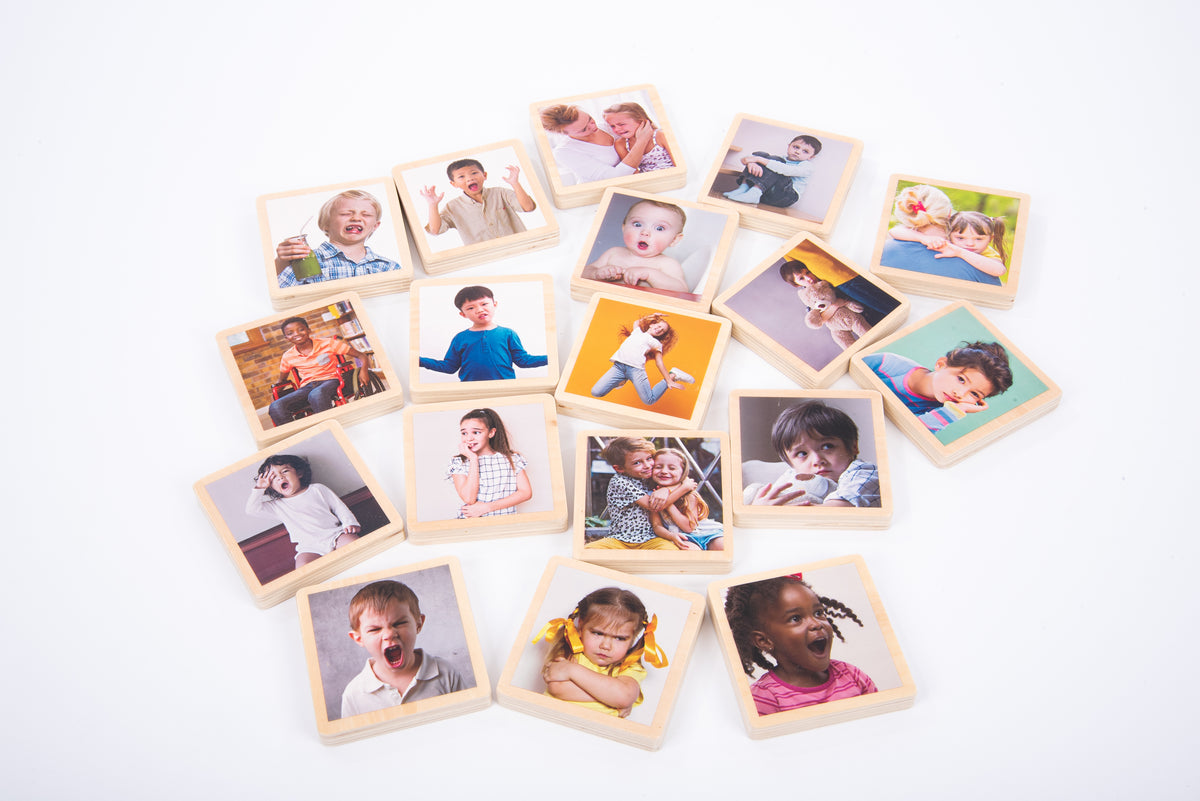 Set of wooden photo tiles featuring multiple children portraits in square frames