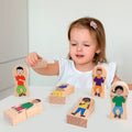Kids wooden feeling blocks set with cartoon character faces and colorful outfits