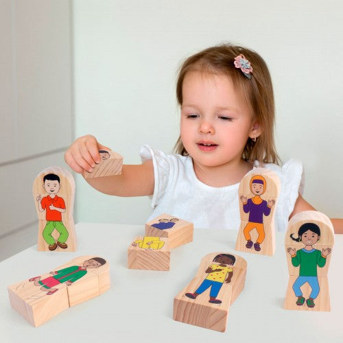 Kids wooden feeling blocks set with cartoon character faces and colorful outfits