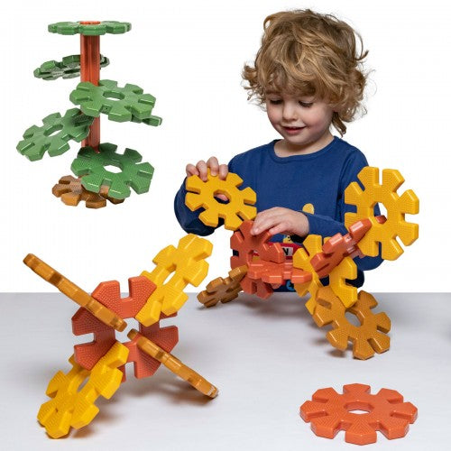 Octoplay building set with colorful interlocking gear pieces and toddler playing