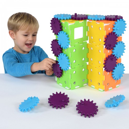 Colorful interlocking plastic gears and panels set with multiple pieces