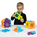Children's window building blocks starter set, colorful pieces shown in use