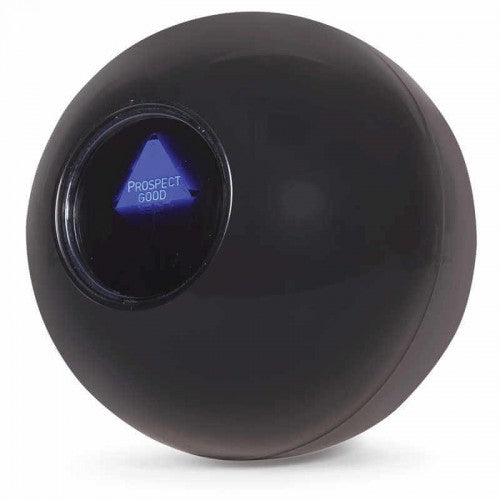 Retro 8-ball fidget toy, dark sphere with glowing blue window reading 'PROSPECT GOOD'.
