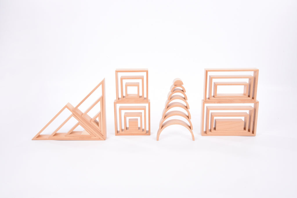 Wooden architectural block set with house frames, arch blocks, and triangular panel