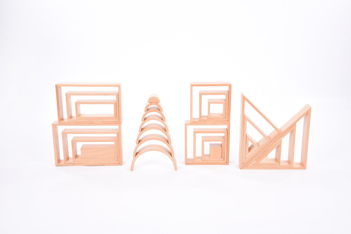 Wooden architectural block set with stacked frame pieces and arched elements