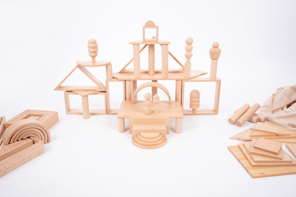 Wooden block set with assorted arches, round discs, and platform building pieces